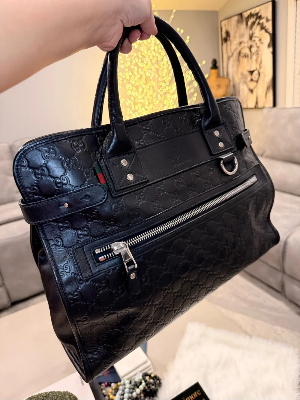 Gucci Black Embossed GG Leather Men’s Briefcase with Silver Hardware